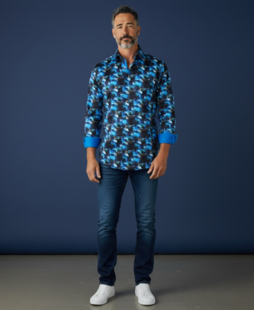 Mercerisierte Baumwolle Perfect Fit Hemd Rich Blue Black Print