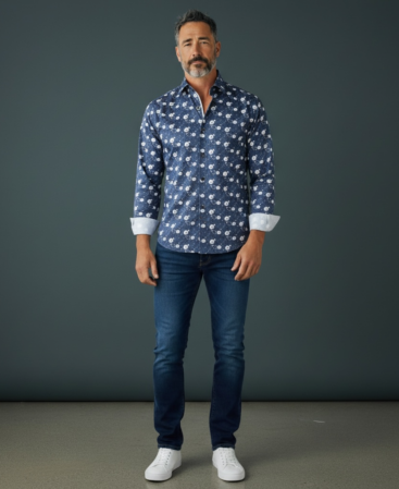 Mercerisierte Baumwolle Perfect Fit Hemd mit Blau Weisen Uhren Muster jpg