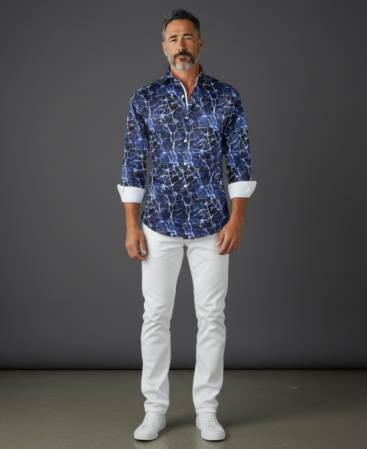 Mercerisierte Baumwolle Perfect Fit Hemd mit Blau Weisem Mamormuster