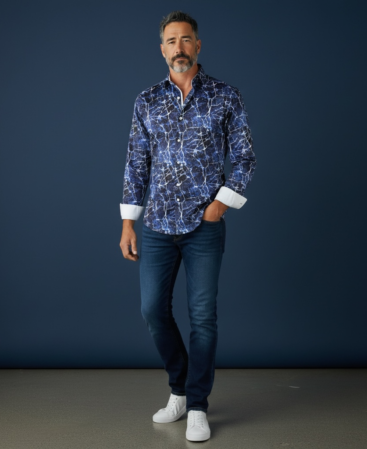 Mercerisierte Baumwolle Perfect Fit Hemd mit Blau Weisem Mamormuster