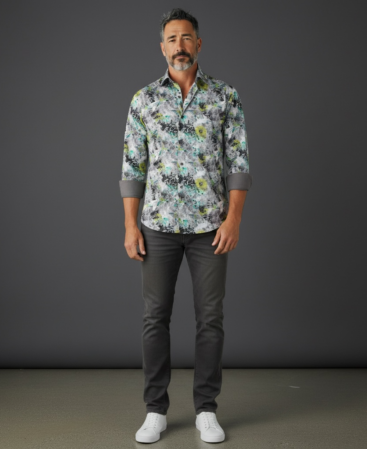 Mercerisierte Baumwolle Perfect Fit Hemd Grau mit bunte Blaetter Muster