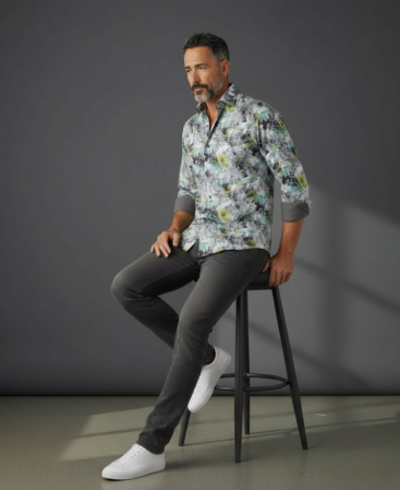 Mercerisierte Baumwolle Perfect Fit Hemd Grau mit bunte Blaetter Muster