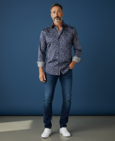 Mercerisierte Baumwolle Perfect Fit Hemd Dunkelblau mit Buntem Fahrrädern